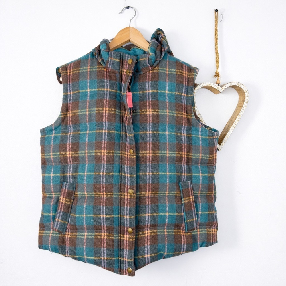 Boden Teal Brown Pink Yellow Plaid Pembroke Hooded Puffer Vest Size 16 - Picture 2 of 16